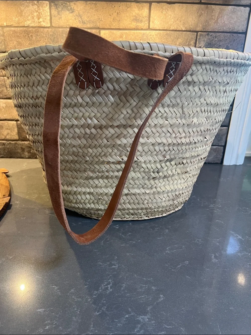 Woven French Market Tote with Brown Suede Handles - Picture 1 of 4